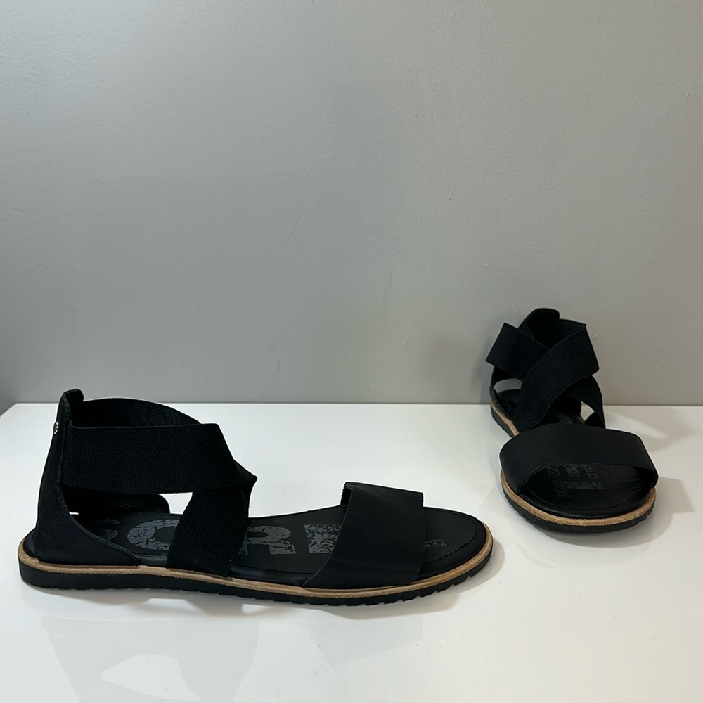 Sorel Ella Black Elastic Ankle Strap Slide Slip On Open Toe Sandals Size 9